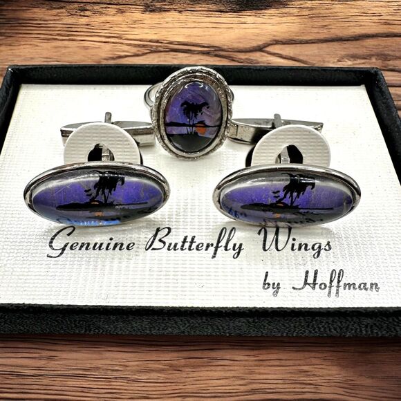 Vintage Hoffman Butterfly Wing Palm Tree Cufflinks & Child Ring Set w/ Box - Picture 1 of 5